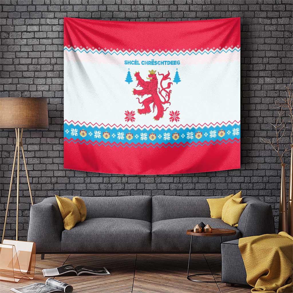 Luxembourg Christmas Tapestry with Red Lion Crest and Snowflake Pattern