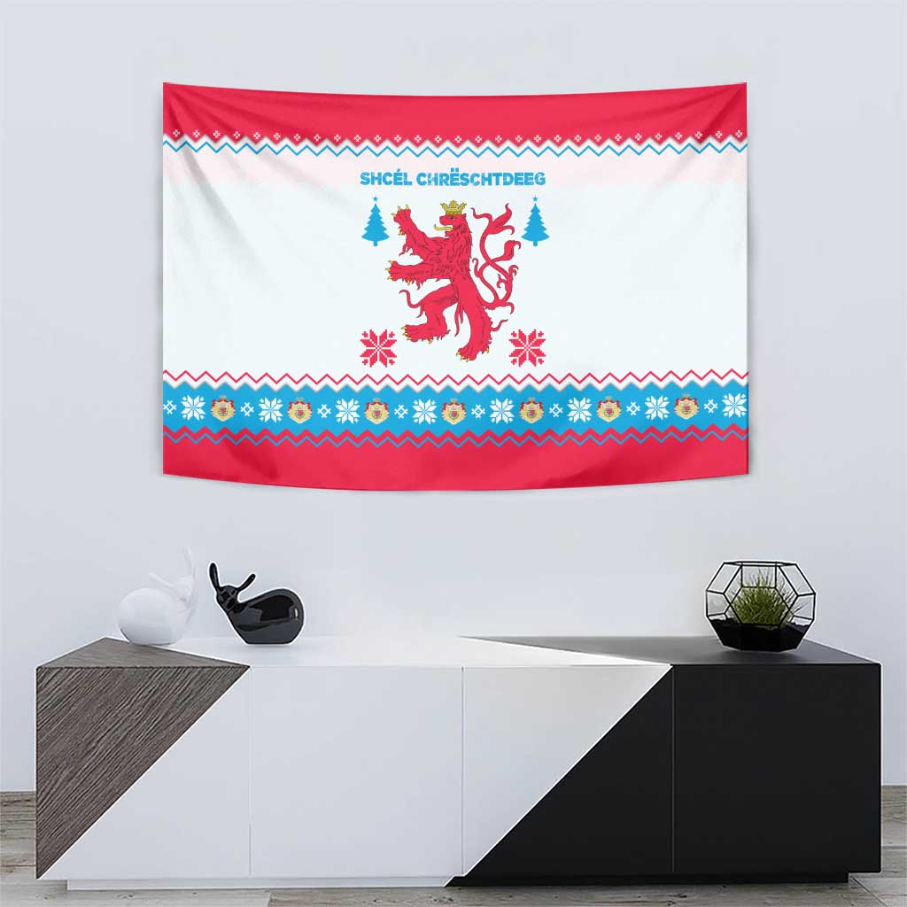 Luxembourg Christmas Tapestry with Red Lion Crest and Snowflake Pattern