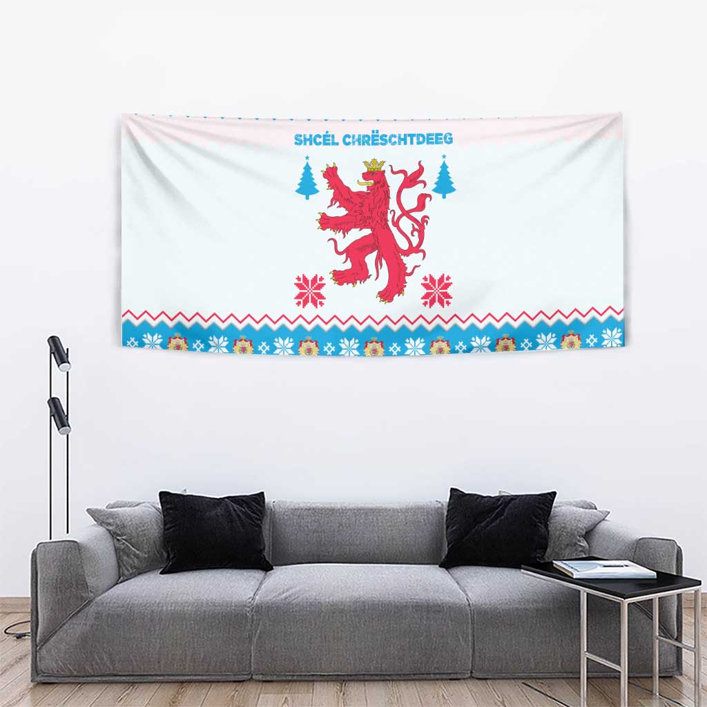 Luxembourg Christmas Tapestry with Red Lion Crest and Snowflake Pattern