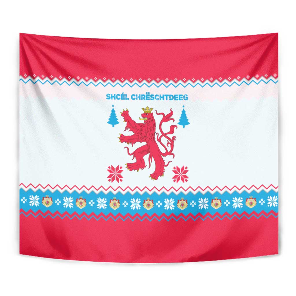 Luxembourg Christmas Tapestry with Red Lion Crest and Snowflake Pattern