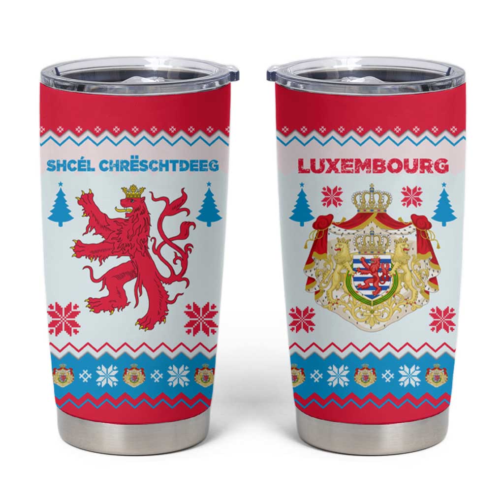 Luxembourg Christmas Tumbler Cup with Red Lion Crest and Snowflake Pattern