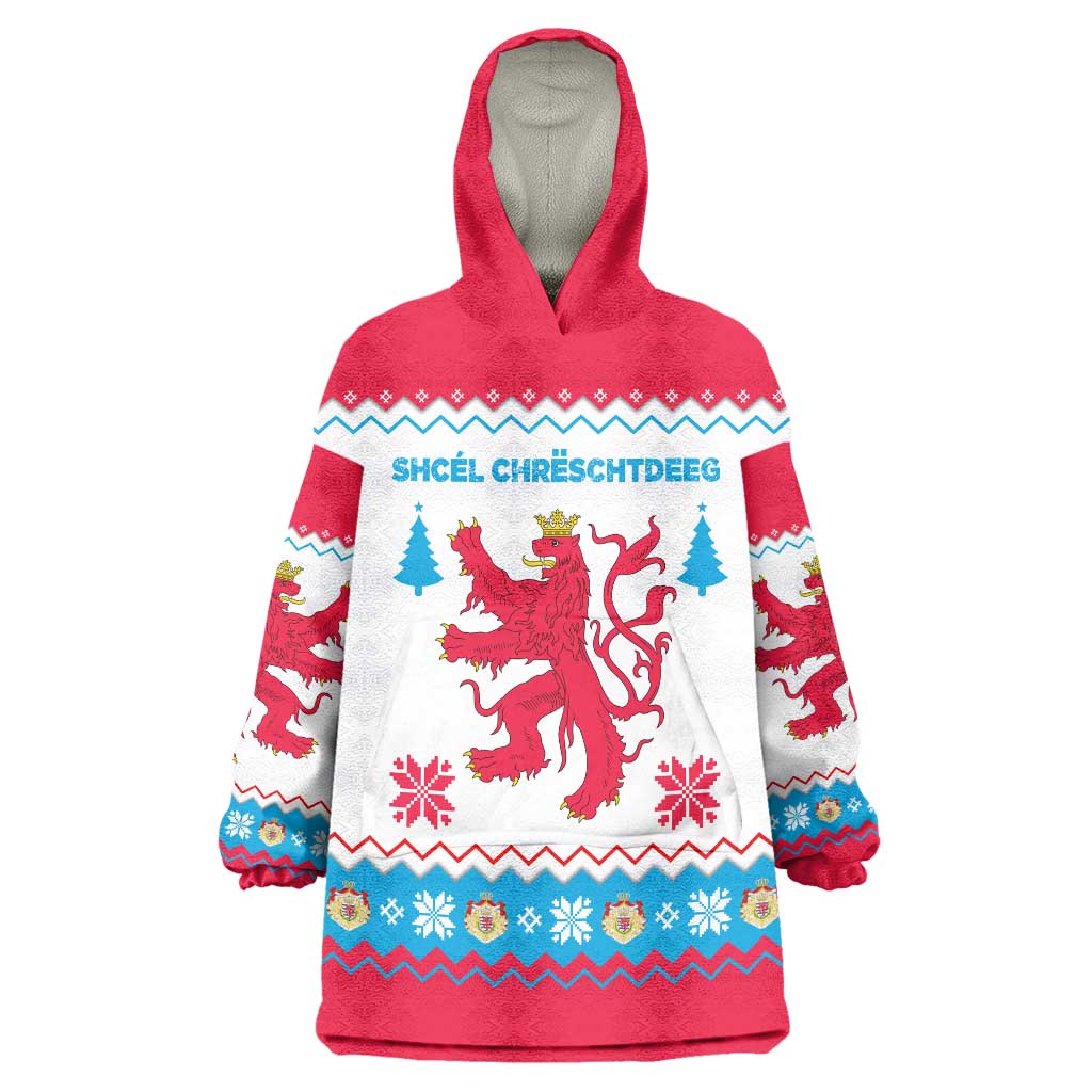 Luxembourg Christmas Wearable Blanket Hoodie with Red Lion Crest and Snowflake Pattern