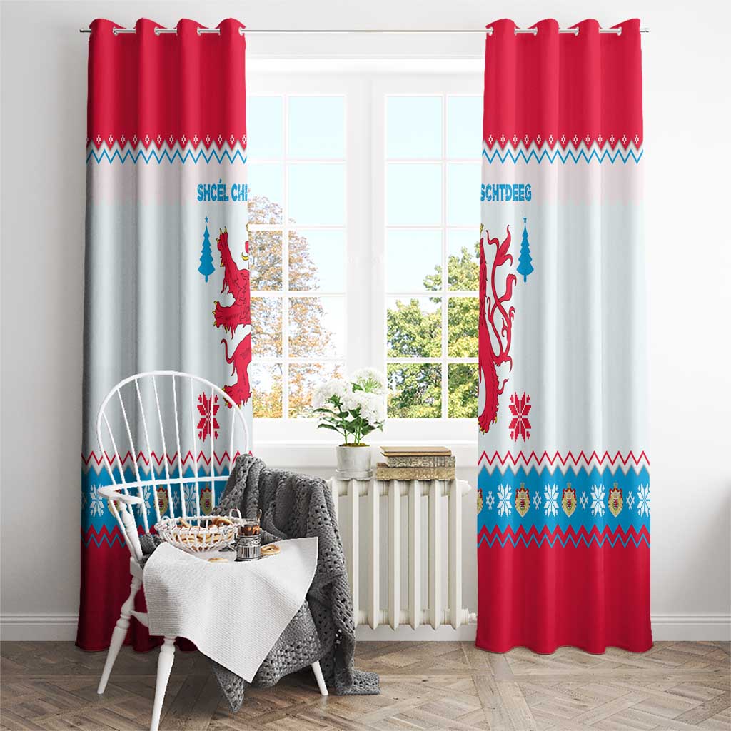 Luxembourg Christmas Window Curtain with Red Lion Crest and Snowflake Pattern