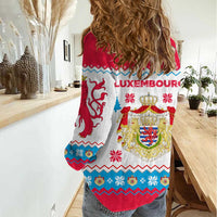 Luxembourg Christmas Women Casual Shirt with Red Lion Crest and Snowflake Pattern