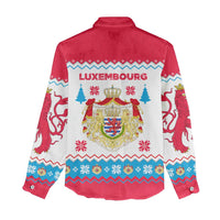 Luxembourg Christmas Women Casual Shirt with Red Lion Crest and Snowflake Pattern