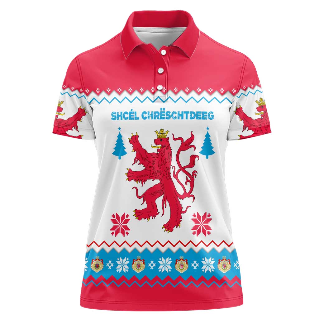 Luxembourg Christmas Women Polo Shirt with Red Lion Crest and Snowflake Pattern