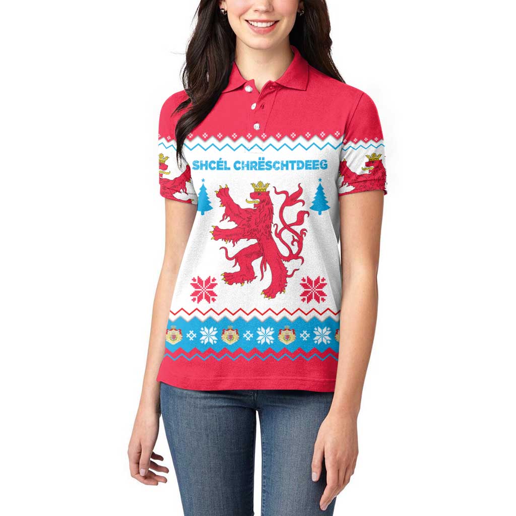 Luxembourg Christmas Women Polo Shirt with Red Lion Crest and Snowflake Pattern