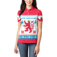 Luxembourg Christmas Women Polo Shirt with Red Lion Crest and Snowflake Pattern