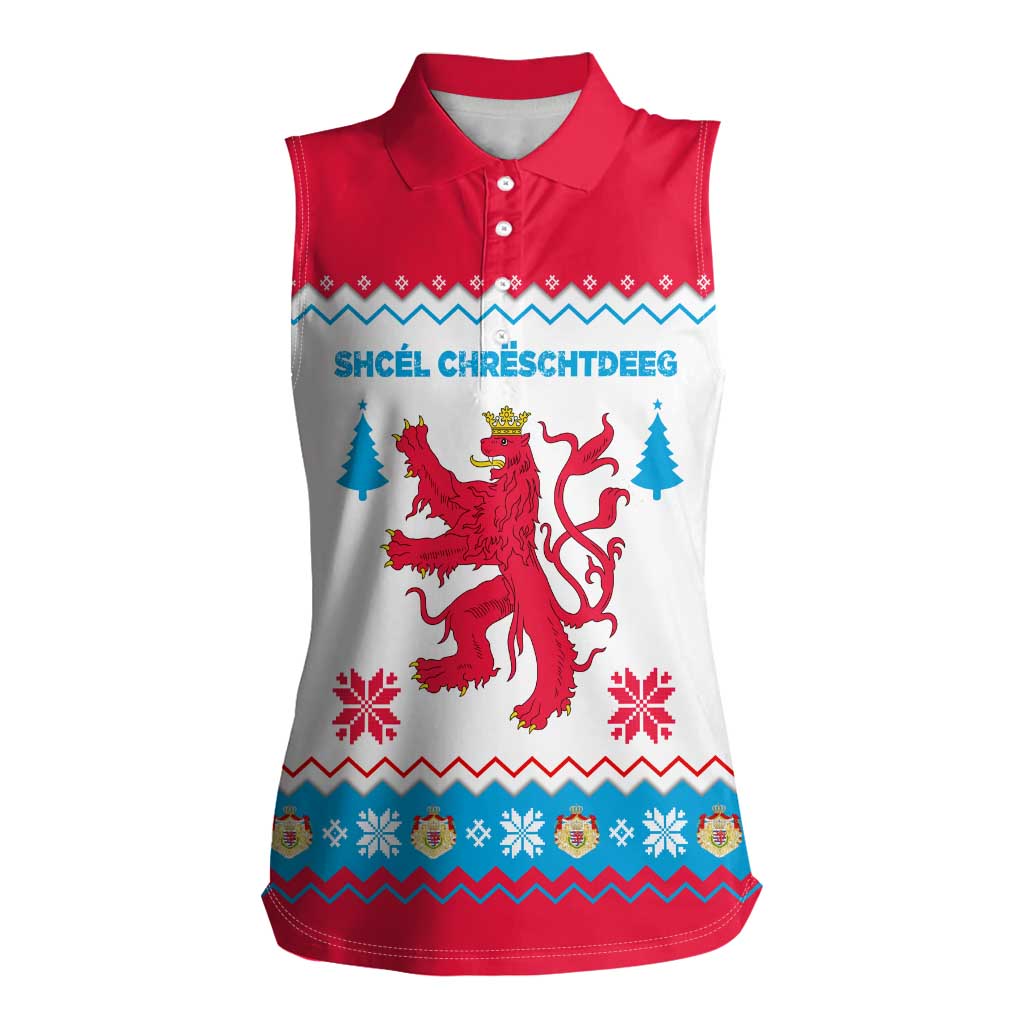 Luxembourg Christmas Women Sleeveless Polo Shirt with Red Lion Crest and Snowflake Pattern