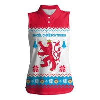 Luxembourg Christmas Women Sleeveless Polo Shirt with Red Lion Crest and Snowflake Pattern