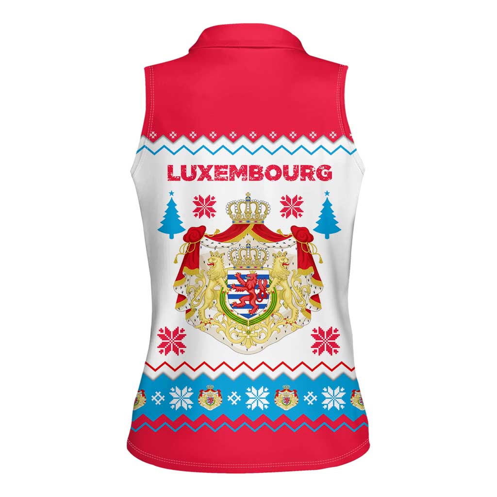 Luxembourg Christmas Women Sleeveless Polo Shirt with Red Lion Crest and Snowflake Pattern