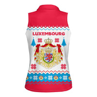 Luxembourg Christmas Women Sleeveless Polo Shirt with Red Lion Crest and Snowflake Pattern