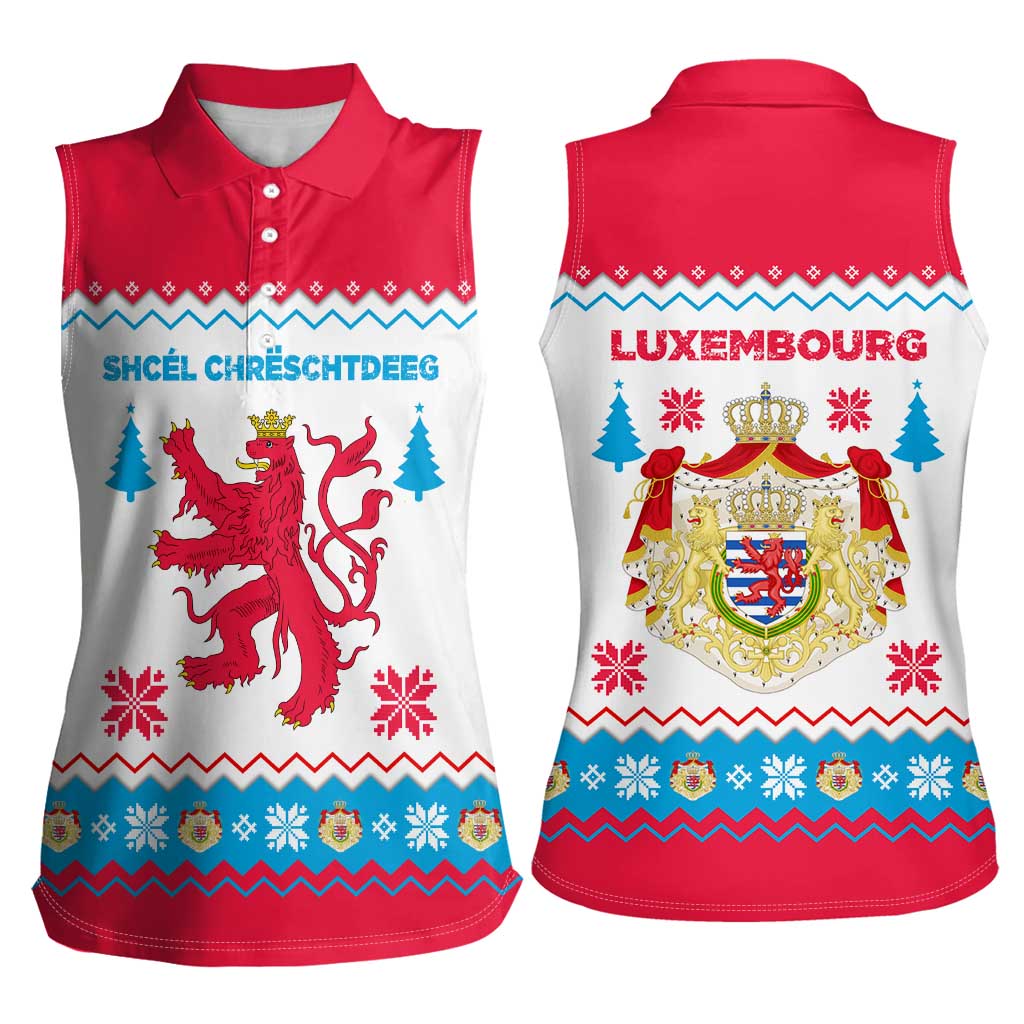 Luxembourg Christmas Women Sleeveless Polo Shirt with Red Lion Crest and Snowflake Pattern