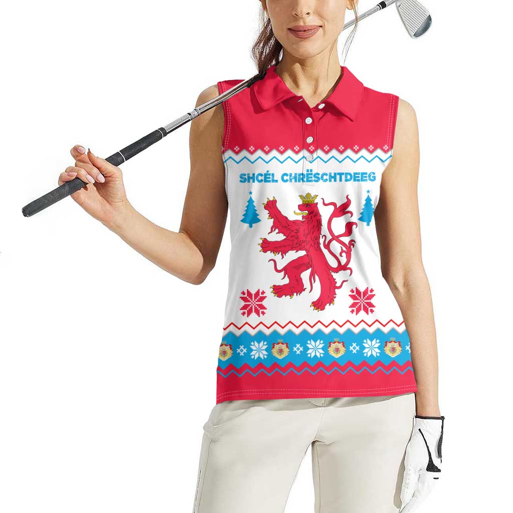 Luxembourg Christmas Women Sleeveless Polo Shirt with Red Lion Crest and Snowflake Pattern
