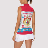Luxembourg Christmas Women Sleeveless Polo Shirt with Red Lion Crest and Snowflake Pattern