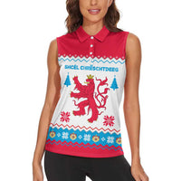 Luxembourg Christmas Women Sleeveless Polo Shirt with Red Lion Crest and Snowflake Pattern