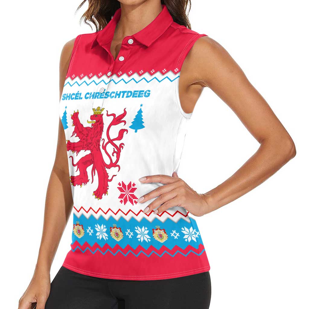 Luxembourg Christmas Women Sleeveless Polo Shirt with Red Lion Crest and Snowflake Pattern