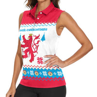 Luxembourg Christmas Women Sleeveless Polo Shirt with Red Lion Crest and Snowflake Pattern