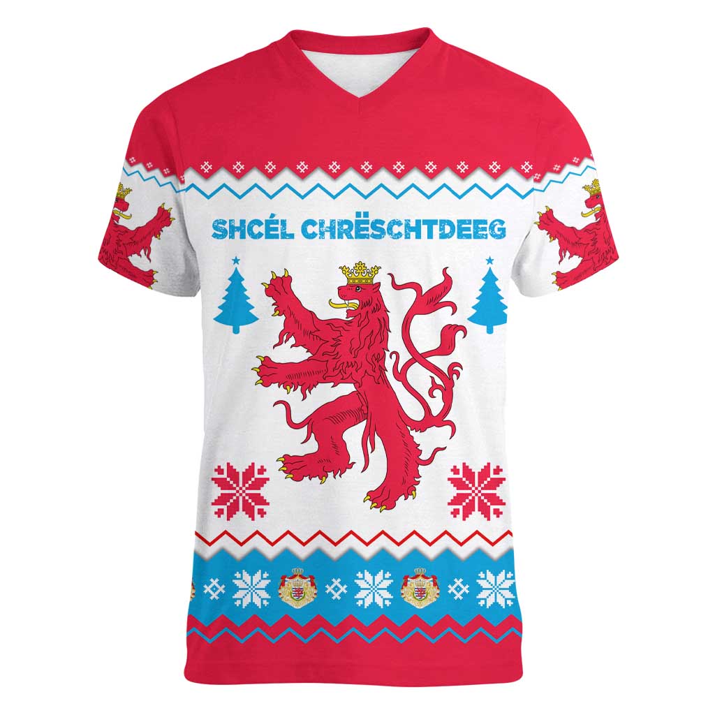 Luxembourg Christmas Women V-Neck T-Shirt with Red Lion Crest and Snowflake Pattern