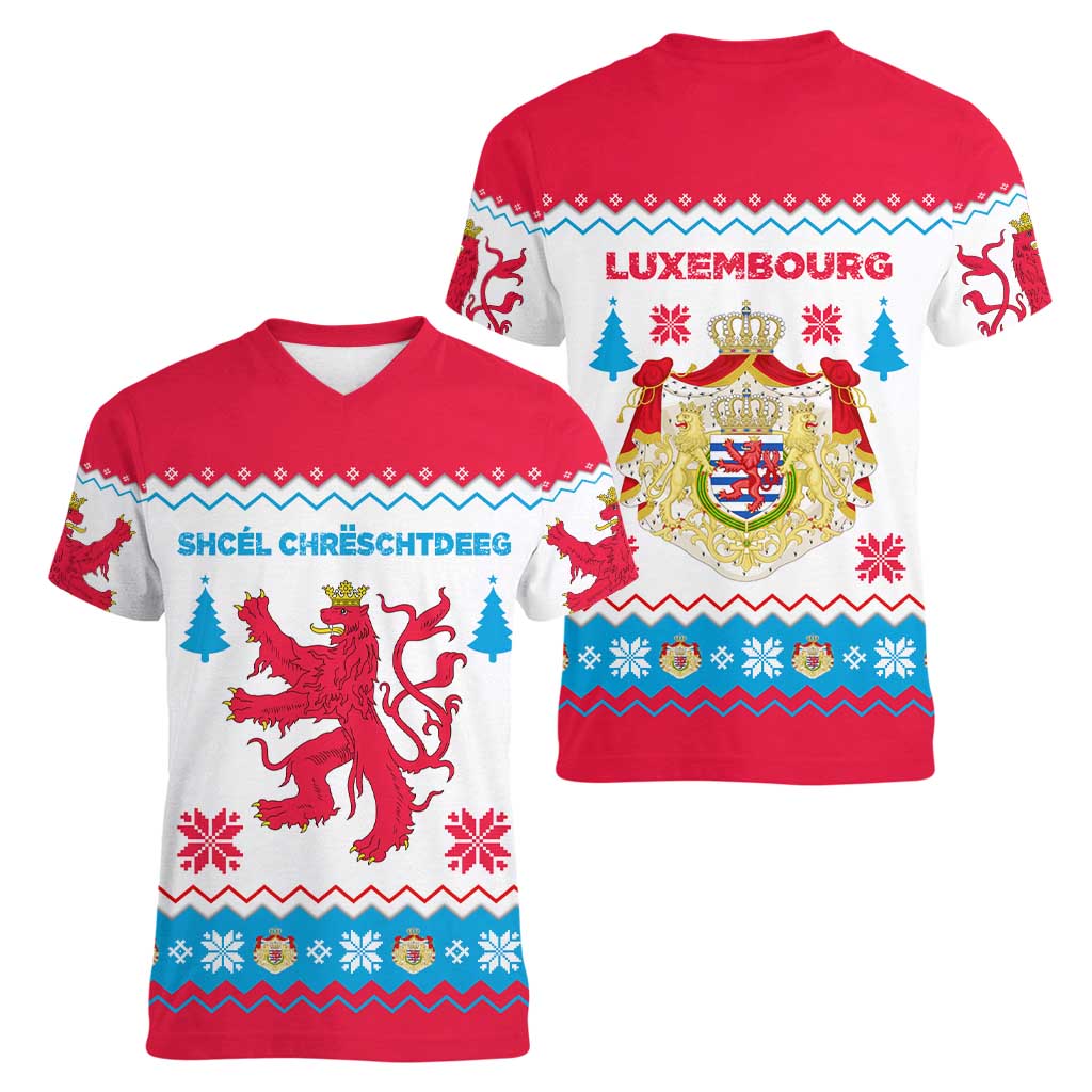 Luxembourg Christmas Women V-Neck T-Shirt with Red Lion Crest and Snowflake Pattern