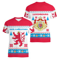 Luxembourg Christmas Women V-Neck T-Shirt with Red Lion Crest and Snowflake Pattern