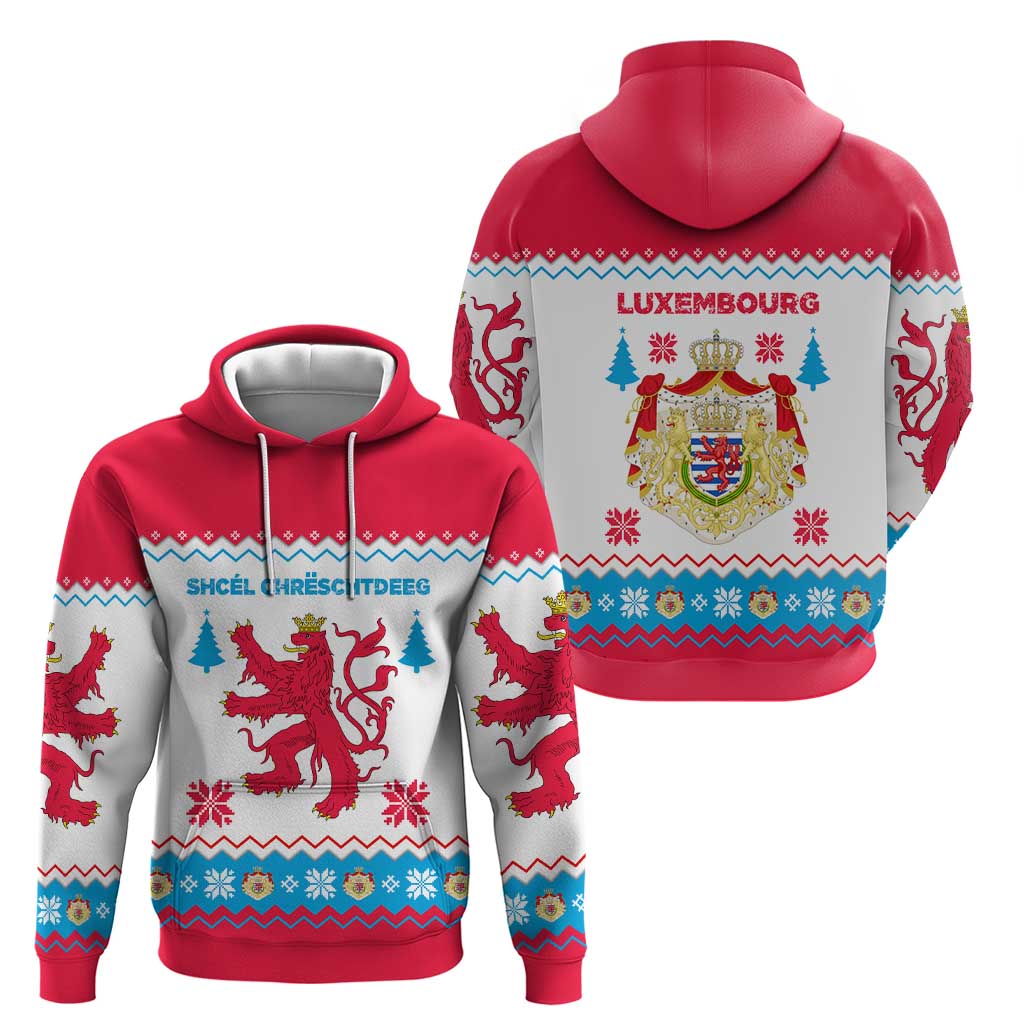 Luxembourg Christmas Zip Hoodie with Red Lion Crest and Snowflake Pattern