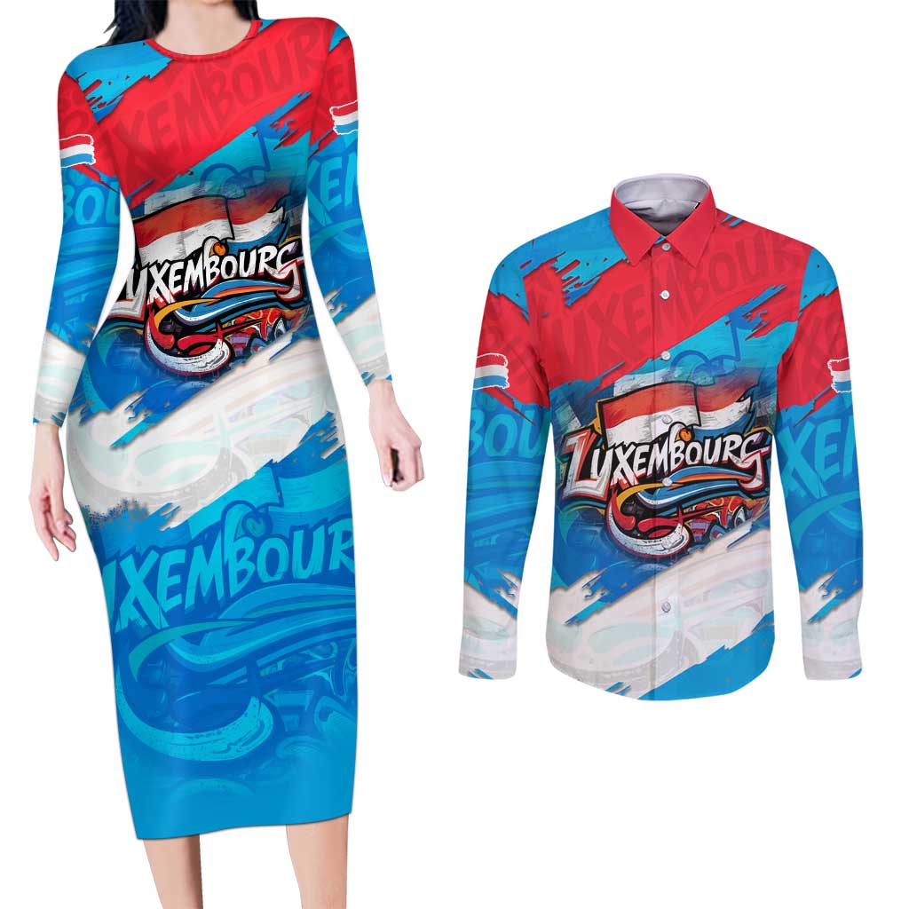 Luxembourg Flag Couples Matching Long Sleeve Bodycon Dress and Long Sleeve Button Shirt with Colorful Graffiti Street Art Design - Wonder Print Shop