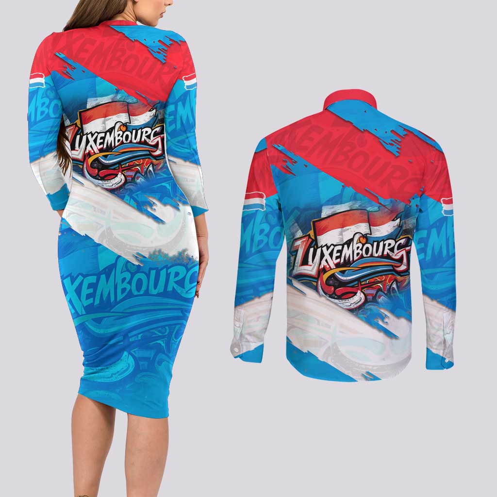 Luxembourg Flag Couples Matching Long Sleeve Bodycon Dress and Long Sleeve Button Shirt with Colorful Graffiti Street Art Design - Wonder Print Shop