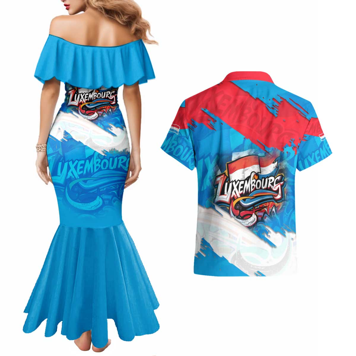Luxembourg Flag Couples Matching Mermaid Dress and Hawaiian Shirt with Colorful Graffiti Street Art Design - Wonder Print Shop