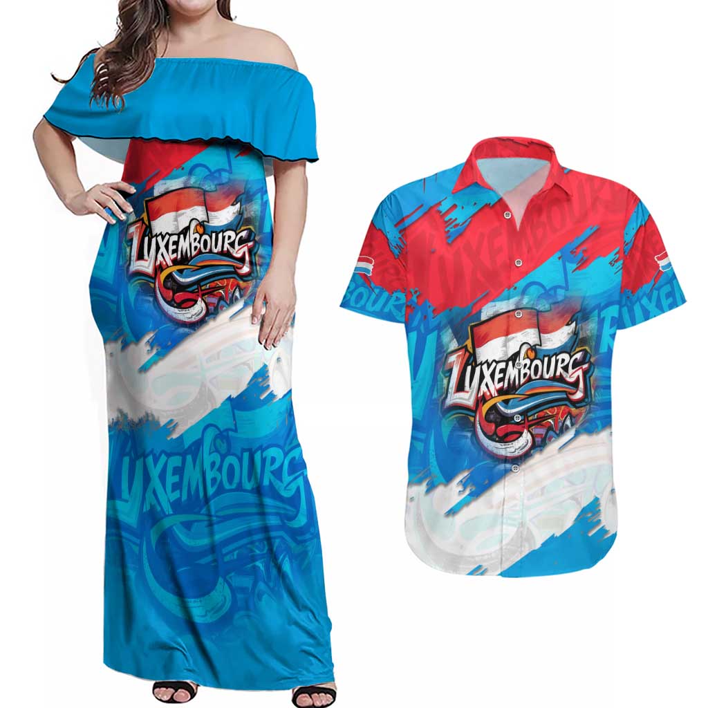 Luxembourg Flag Couples Matching Off Shoulder Maxi Dress and Hawaiian Shirt with Colorful Graffiti Street Art Design - Wonder Print Shop