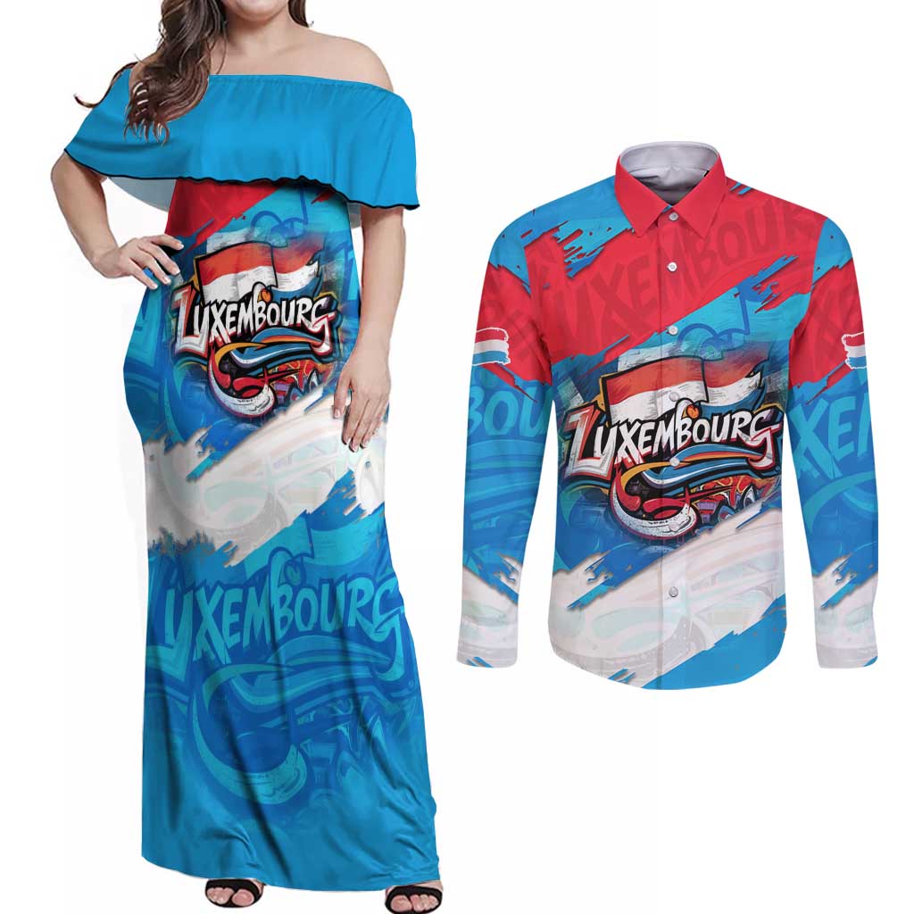 Luxembourg Flag Couples Matching Off Shoulder Maxi Dress and Long Sleeve Button Shirt with Colorful Graffiti Street Art Design - Wonder Print Shop