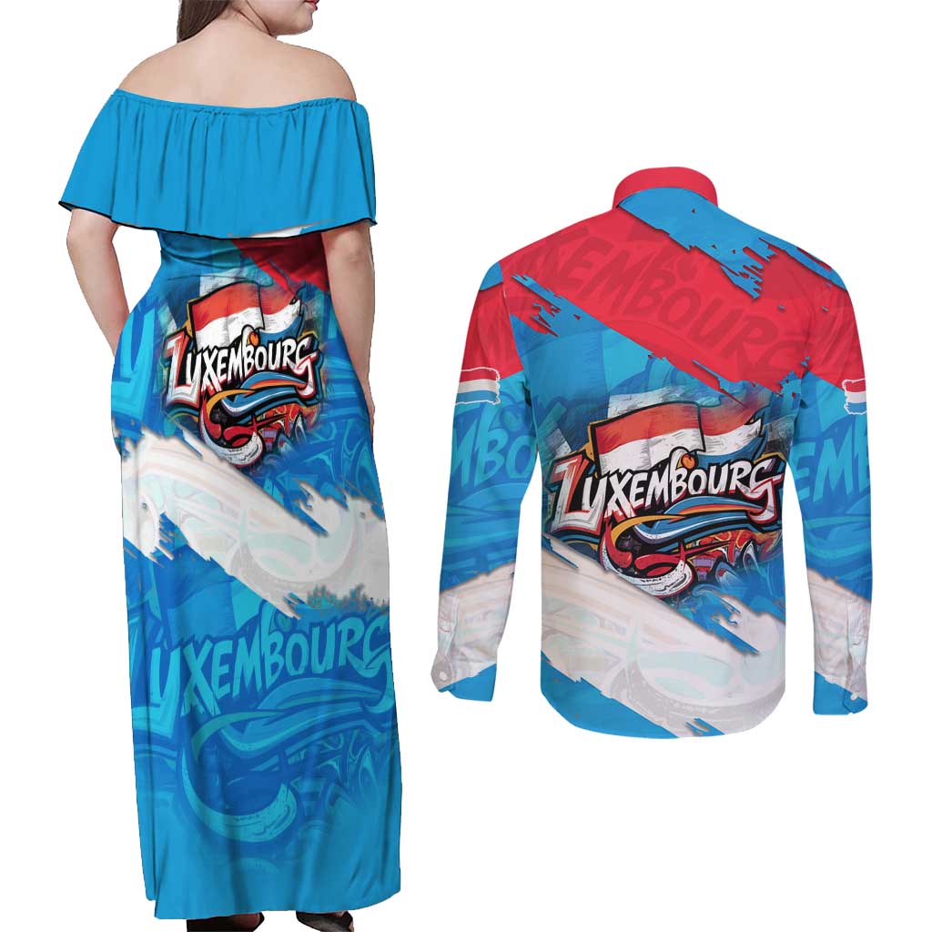 Luxembourg Flag Couples Matching Off Shoulder Maxi Dress and Long Sleeve Button Shirt with Colorful Graffiti Street Art Design - Wonder Print Shop