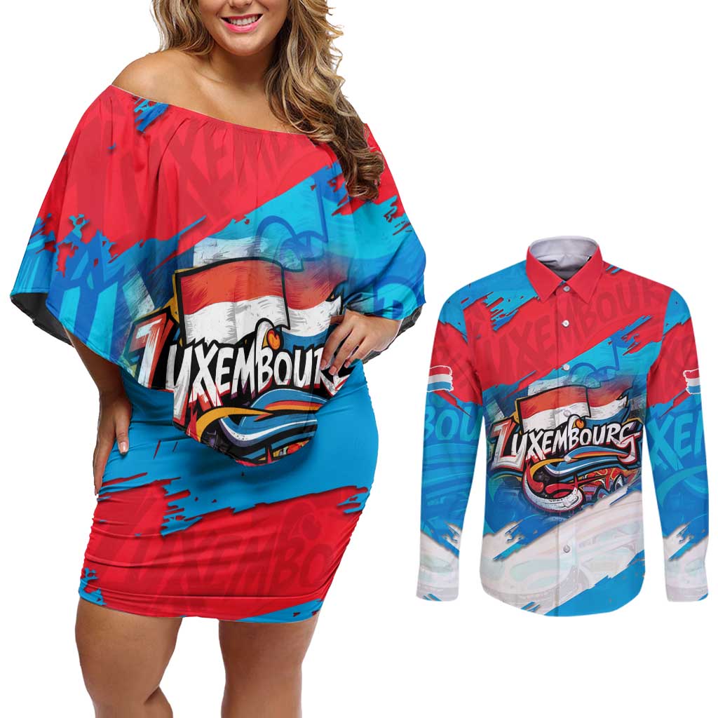 Luxembourg Flag Couples Matching Off Shoulder Short Dress and Long Sleeve Button Shirt with Colorful Graffiti Street Art Design - Wonder Print Shop