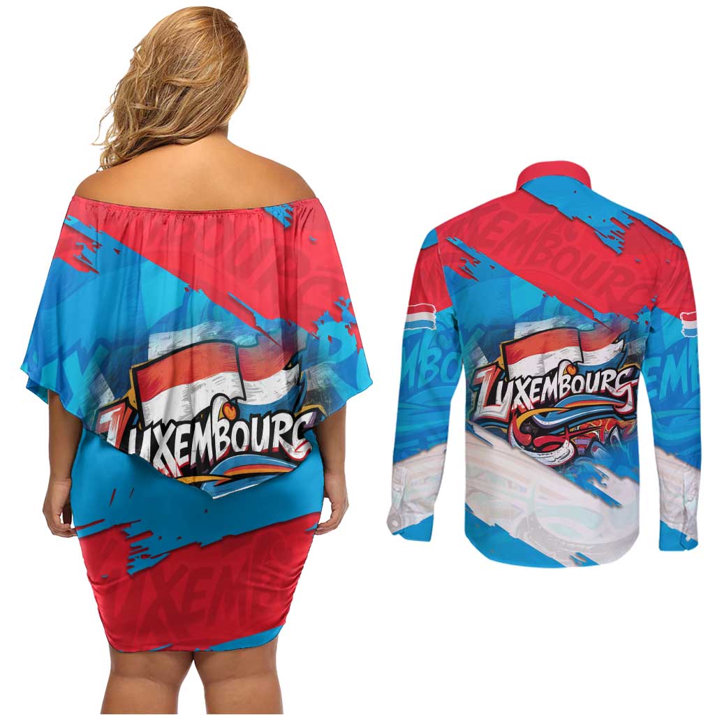 Luxembourg Flag Couples Matching Off Shoulder Short Dress and Long Sleeve Button Shirt with Colorful Graffiti Street Art Design - Wonder Print Shop