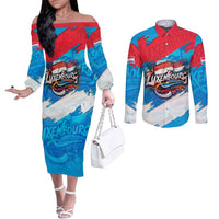 Luxembourg Flag Couples Matching Off The Shoulder Long Sleeve Dress and Long Sleeve Button Shirt with Colorful Graffiti Street Art Design - Wonder Print Shop