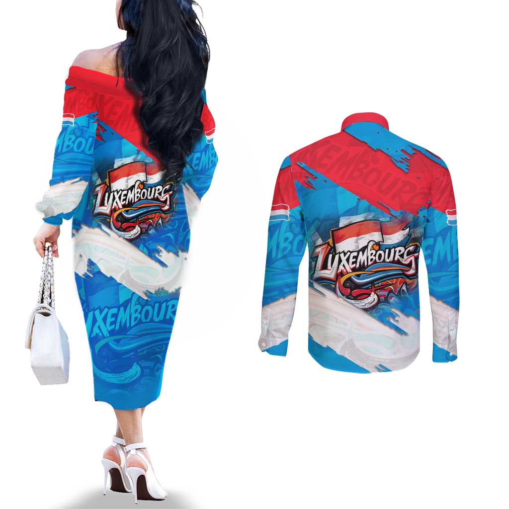 Luxembourg Flag Couples Matching Off The Shoulder Long Sleeve Dress and Long Sleeve Button Shirt with Colorful Graffiti Street Art Design - Wonder Print Shop