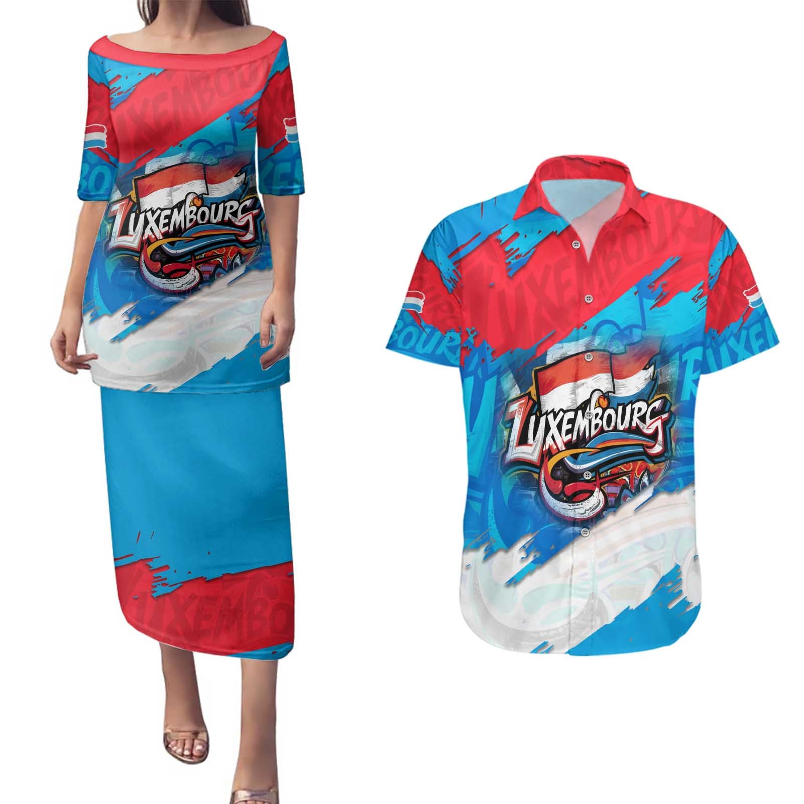 Luxembourg Flag Couples Matching Puletasi and Hawaiian Shirt with Colorful Graffiti Street Art Design - Wonder Print Shop