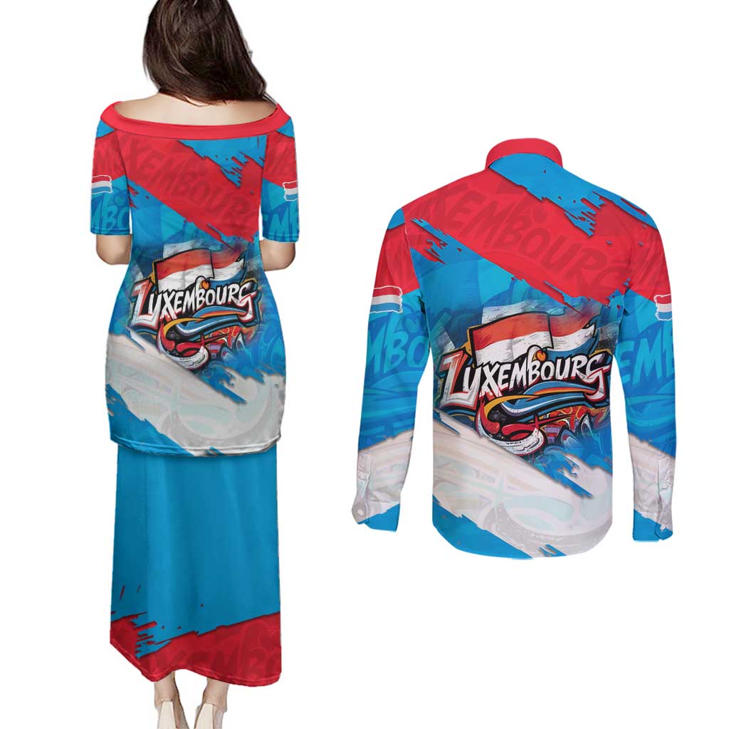 Luxembourg Flag Couples Matching Puletasi and Long Sleeve Button Shirt with Colorful Graffiti Street Art Design - Wonder Print Shop