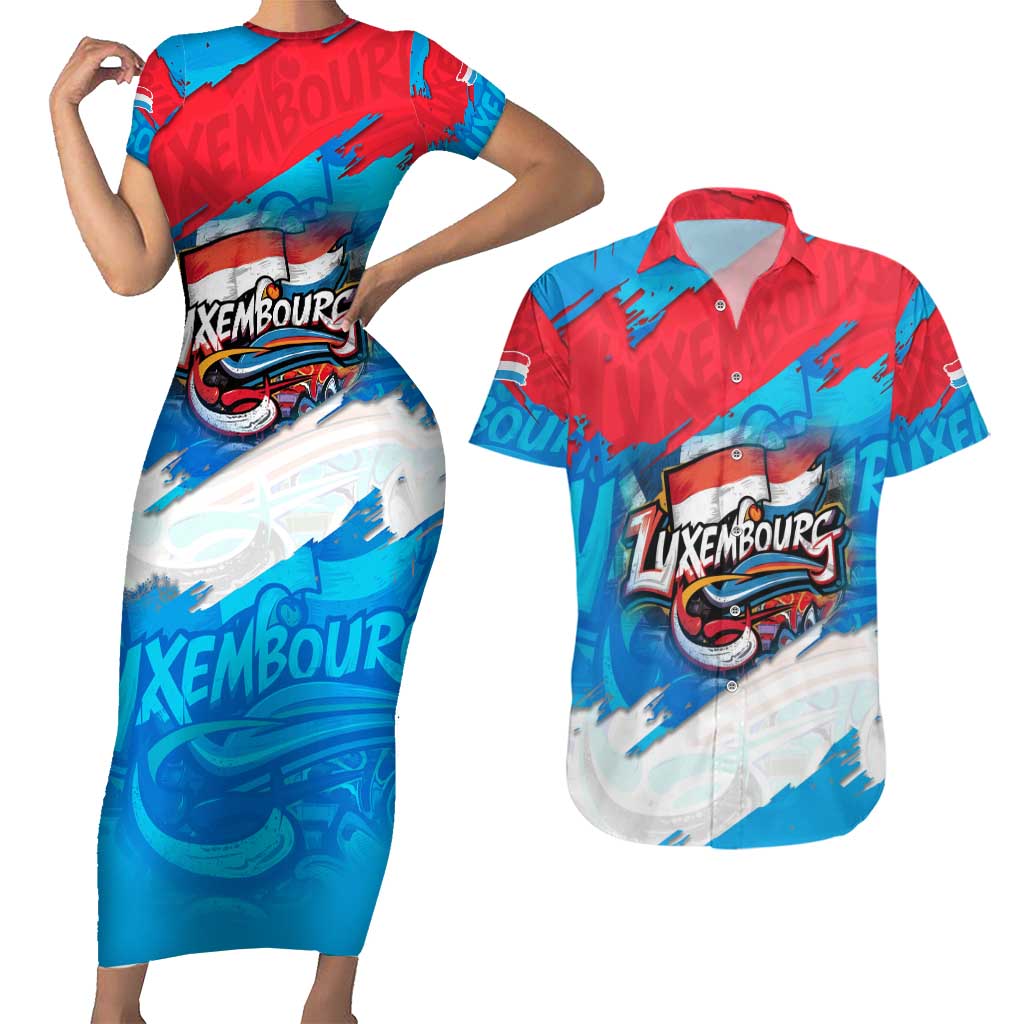 Luxembourg Flag Couples Matching Short Sleeve Bodycon Dress and Hawaiian Shirt with Colorful Graffiti Street Art Design - Wonder Print Shop