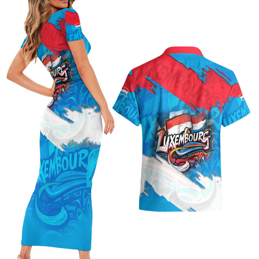 Luxembourg Flag Couples Matching Short Sleeve Bodycon Dress and Hawaiian Shirt with Colorful Graffiti Street Art Design - Wonder Print Shop