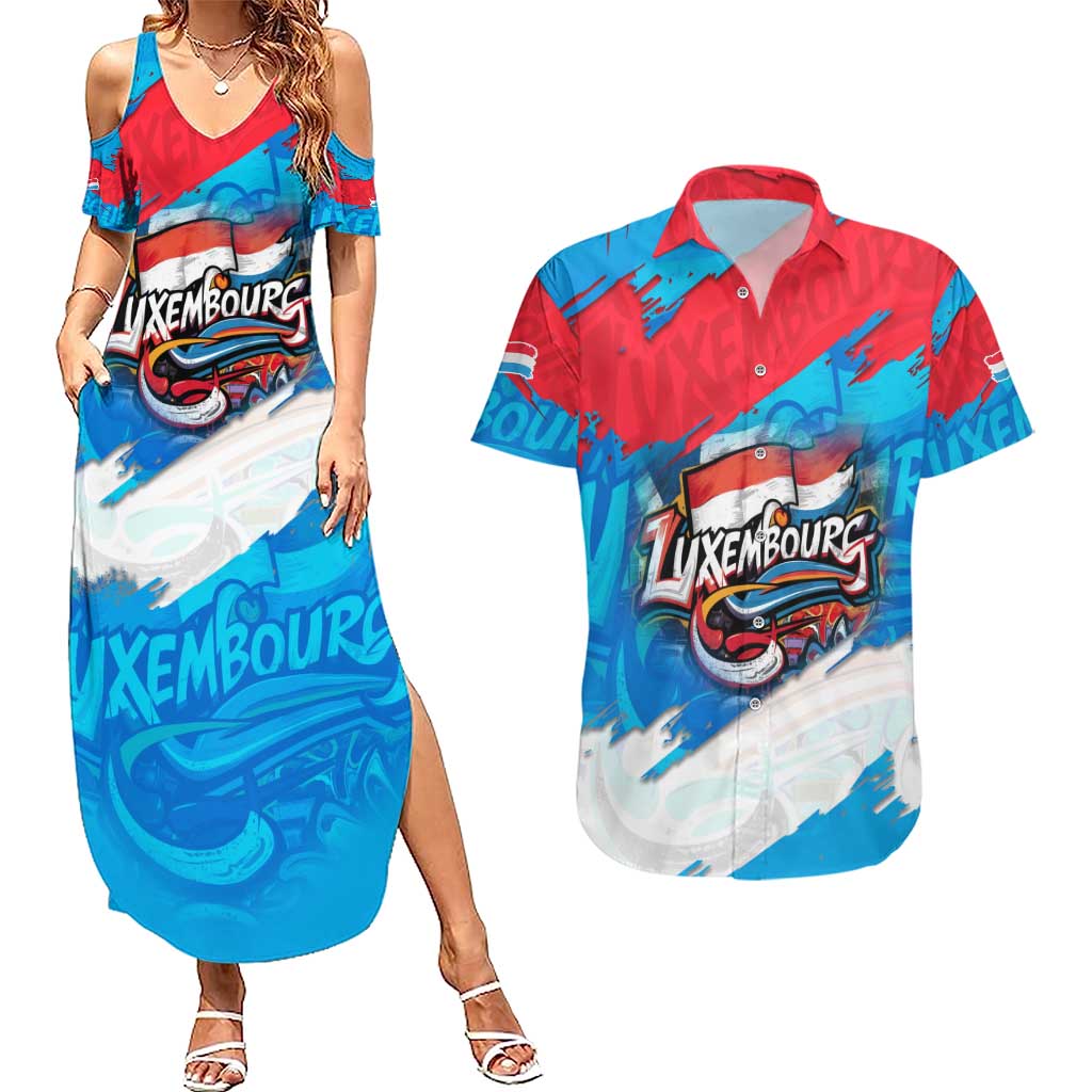 Luxembourg Flag Couples Matching Summer Maxi Dress and Hawaiian Shirt with Colorful Graffiti Street Art Design - Wonder Print Shop