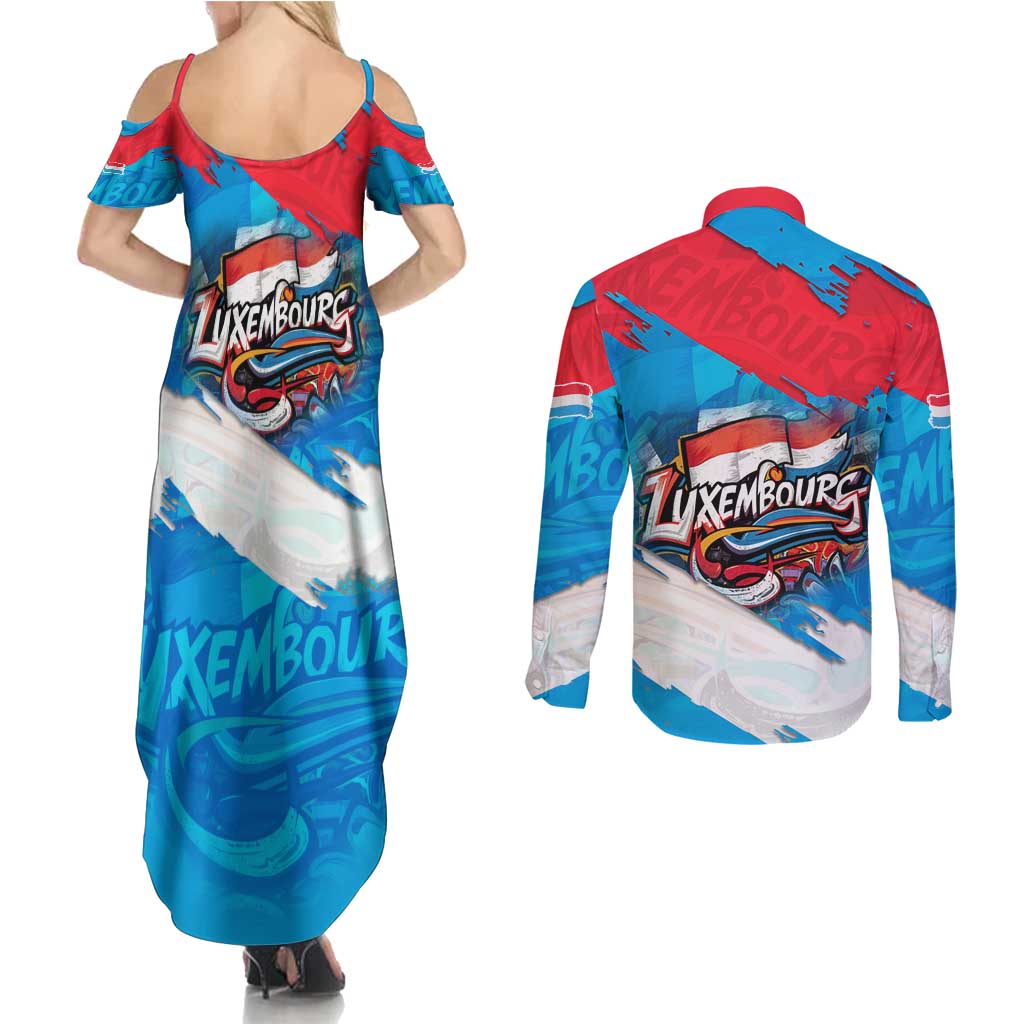 Luxembourg Flag Couples Matching Summer Maxi Dress and Long Sleeve Button Shirt with Colorful Graffiti Street Art Design - Wonder Print Shop