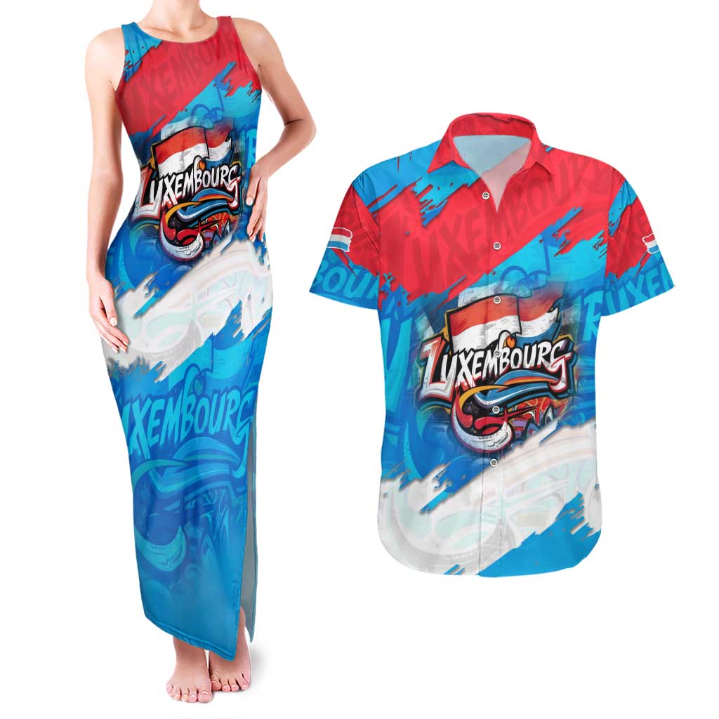 Luxembourg Flag Couples Matching Tank Maxi Dress and Hawaiian Shirt with Colorful Graffiti Street Art Design - Wonder Print Shop