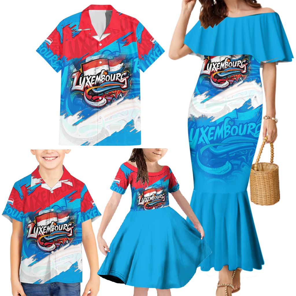 Luxembourg Flag Family Matching Mermaid Dress and Hawaiian Shirt with Colorful Graffiti Street Art Design - Wonder Print Shop