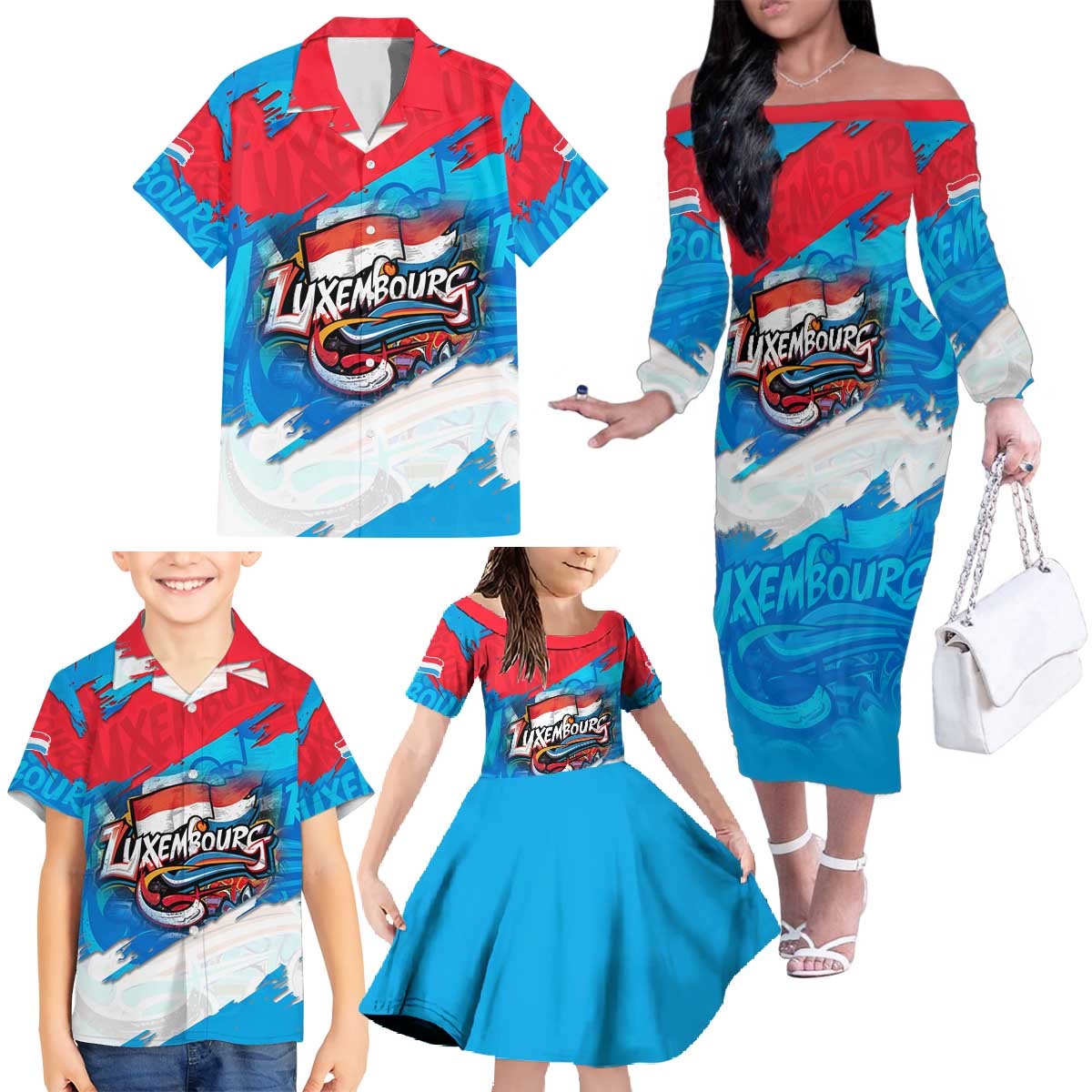 Luxembourg Flag Family Matching Off The Shoulder Long Sleeve Dress and Hawaiian Shirt with Colorful Graffiti Street Art Design - Wonder Print Shop