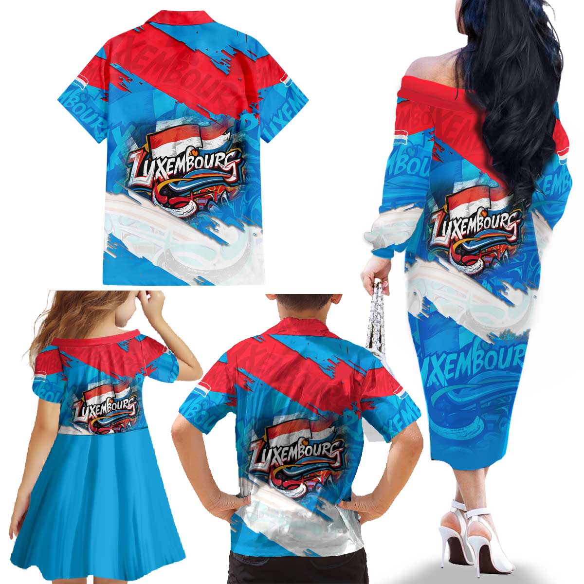 Luxembourg Flag Family Matching Off The Shoulder Long Sleeve Dress and Hawaiian Shirt with Colorful Graffiti Street Art Design - Wonder Print Shop