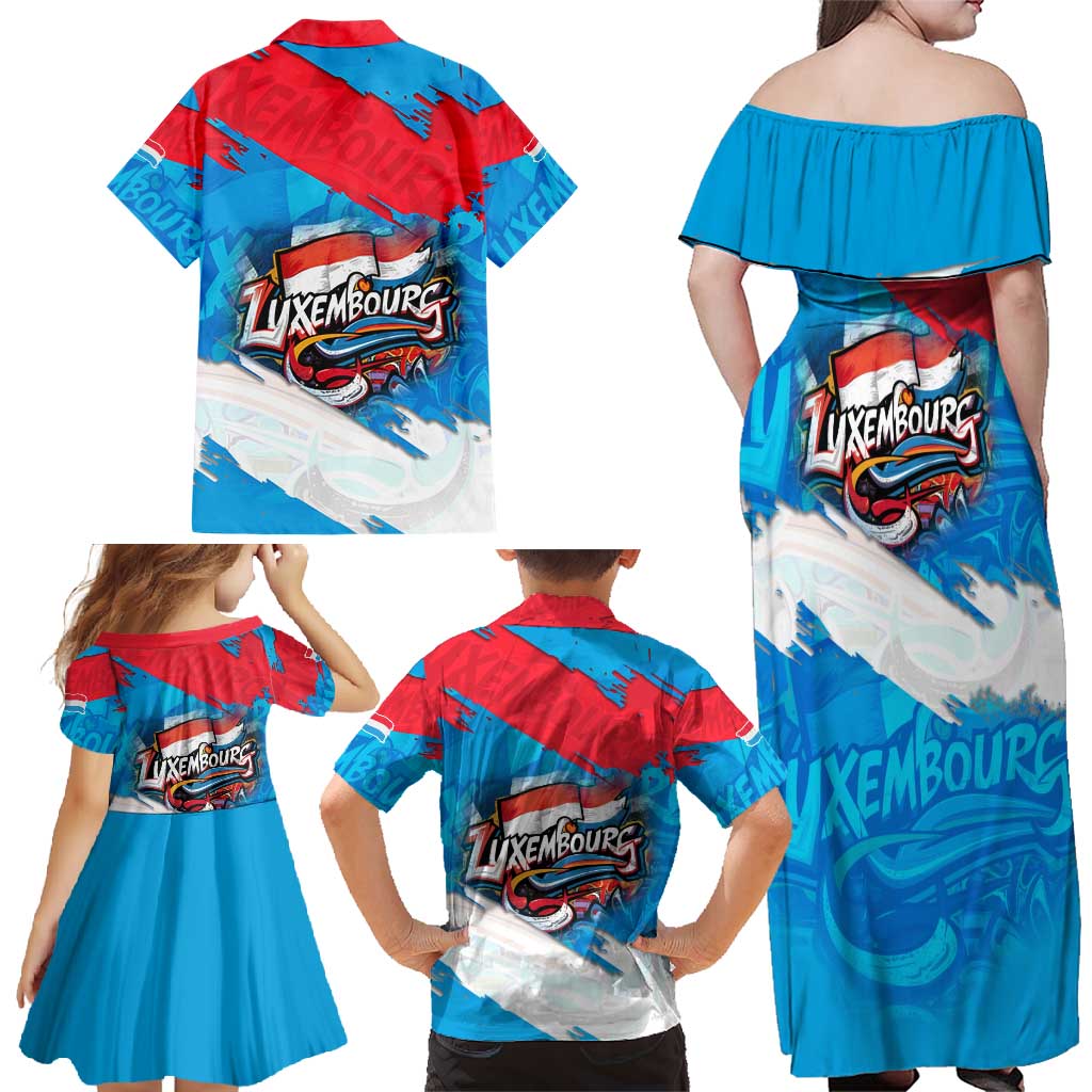 Luxembourg Flag Family Matching Off Shoulder Maxi Dress and Hawaiian Shirt with Colorful Graffiti Street Art Design - Wonder Print Shop