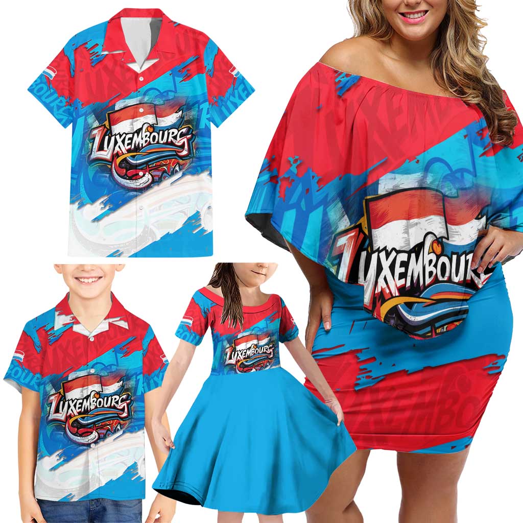 Luxembourg Flag Family Matching Off Shoulder Short Dress and Hawaiian Shirt with Colorful Graffiti Street Art Design - Wonder Print Shop
