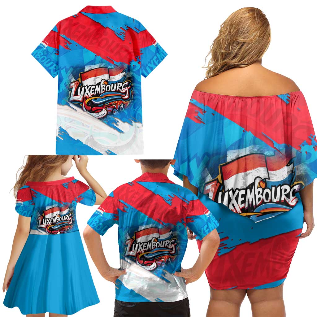 Luxembourg Flag Family Matching Off Shoulder Short Dress and Hawaiian Shirt with Colorful Graffiti Street Art Design - Wonder Print Shop