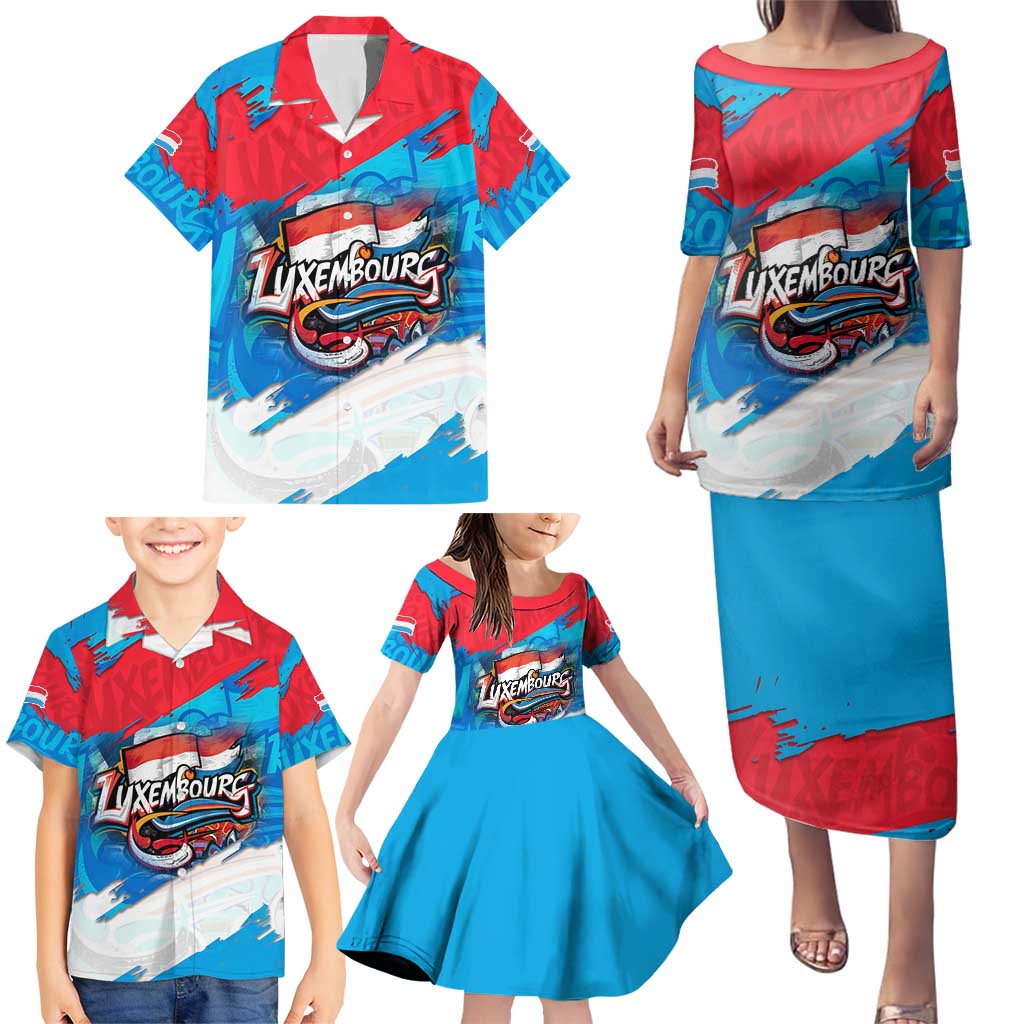 Luxembourg Flag Family Matching Puletasi and Hawaiian Shirt with Colorful Graffiti Street Art Design - Wonder Print Shop